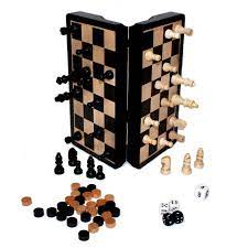 8" MAGNETIC DARK WOOD MAGNETIC 3 IN 1 SET (CHESS, BACKGAMMON & CHECKERS(1 1/2' KING)