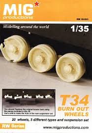 1:35 T34 BURN OUT WHEELS (20 WHEELS, 5 DIFFERENT TYPES & SUSPENSION SET)